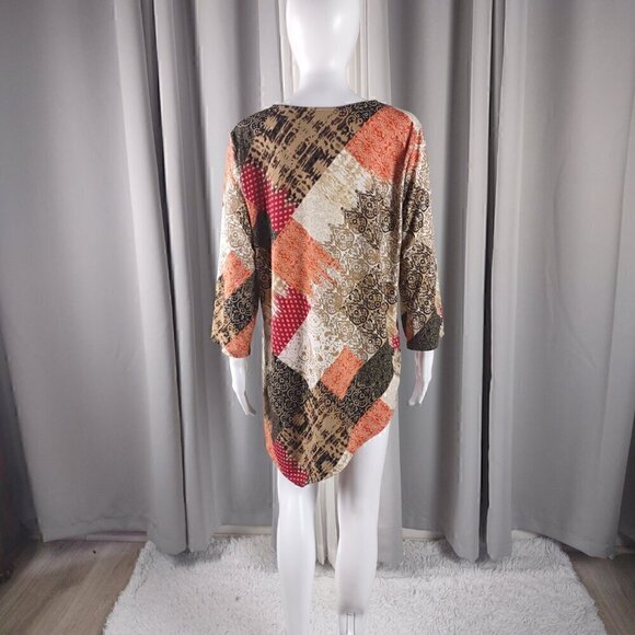 Chico's Women's Bohemian Patchwork, Asymmetrical Hem Pullover Blouse Size 2 (L) - Picture 3 of 15